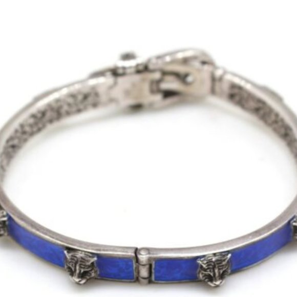 GUCCI Sterling Silver with Blue Enamel and Feline Faces Buckle Bangle Bracelet