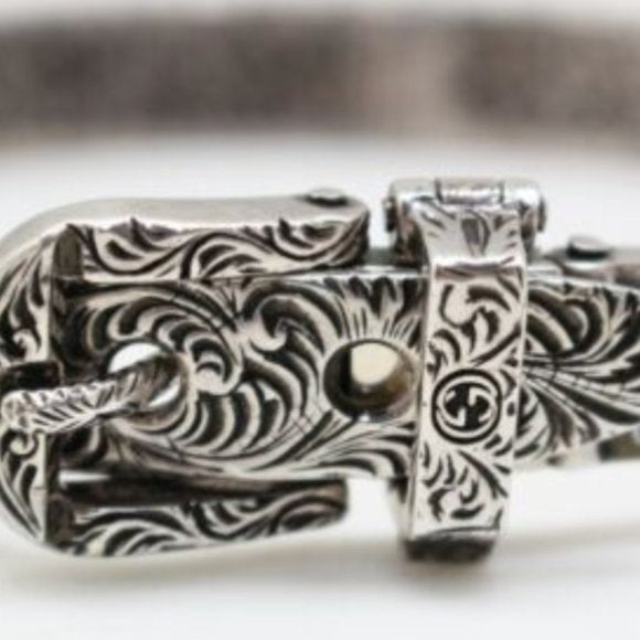 GUCCI Sterling Silver with Blue Enamel and Feline Faces Buckle Bangle Bracelet
