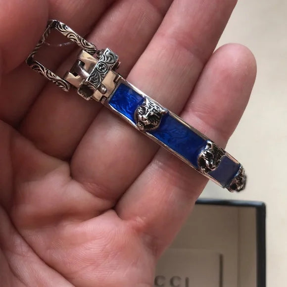 GUCCI Sterling Silver with Blue Enamel and Feline Faces Buckle Bangle Bracelet