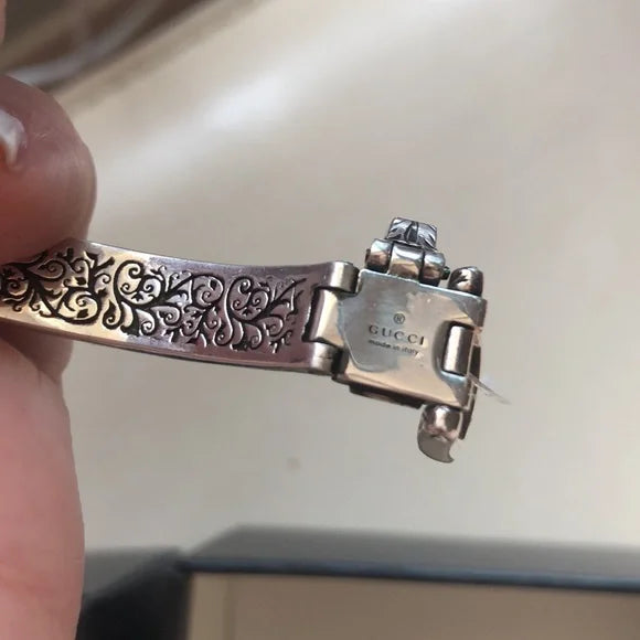 GUCCI Sterling Silver with Blue Enamel and Feline Faces Buckle Bangle Bracelet