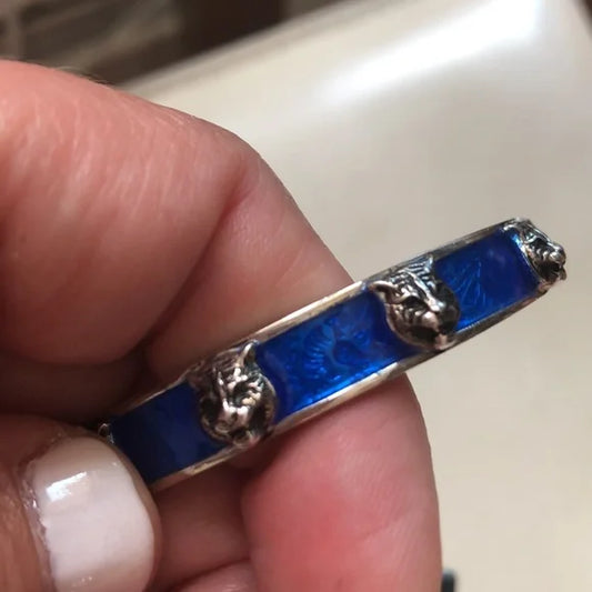 GUCCI Sterling Silver with Blue Enamel and Feline Faces Buckle Bangle Bracelet