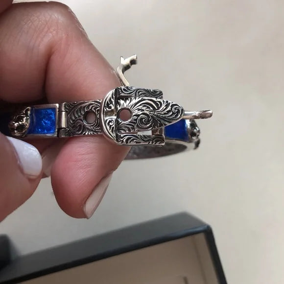 GUCCI Sterling Silver with Blue Enamel and Feline Faces Buckle Bangle Bracelet