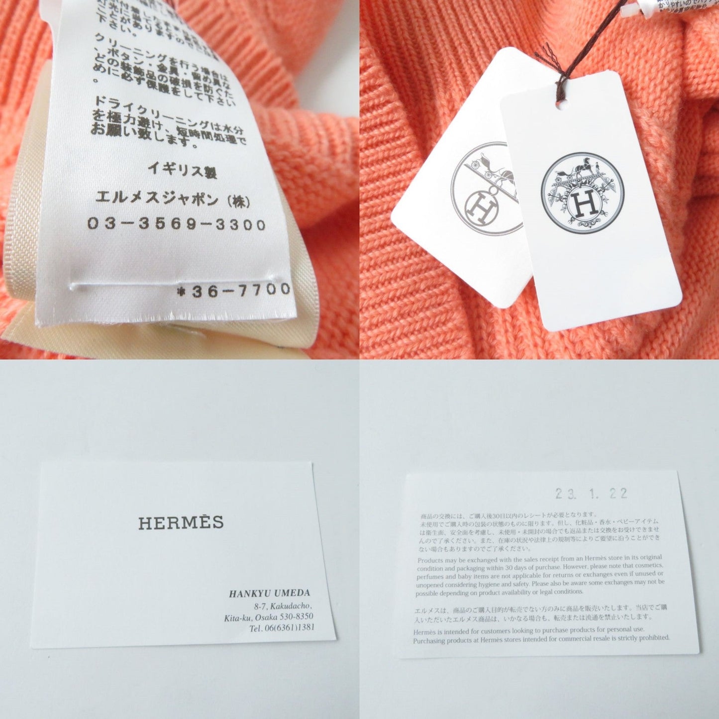 HERMES knit Main: 64% cashmere, Main: 36% cotton Orange Women S Used