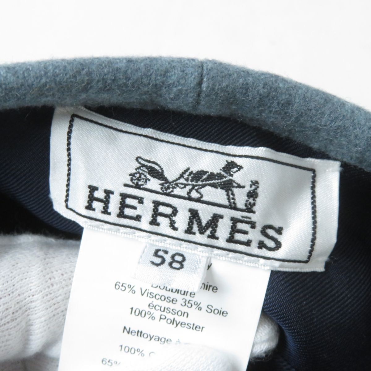 HERMES beret Outer: 100% cashmere, Lining: 65% rayon, Lining: 35% silk, Part: 100% polyester gray Women 58 Used