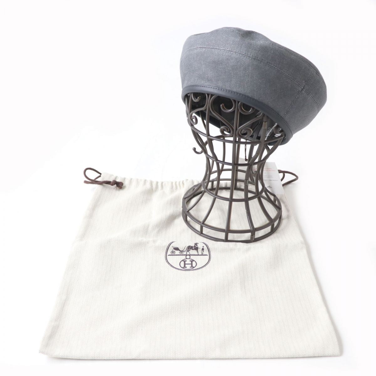 HERMES beret Outer: 100% cotton, Leather: Cowhide, Lining: 65% rayon, Lining: 35% silk gray Women 57 Used