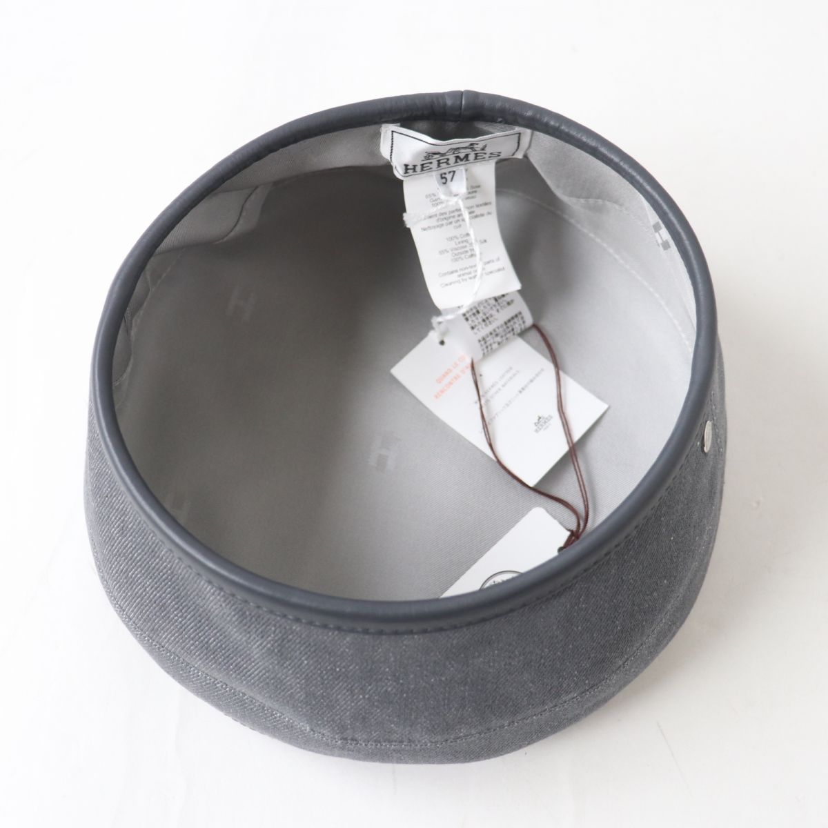 HERMES beret Outer: 100% cotton, Leather: Cowhide, Lining: 65% rayon, Lining: 35% silk gray Women 57 Used