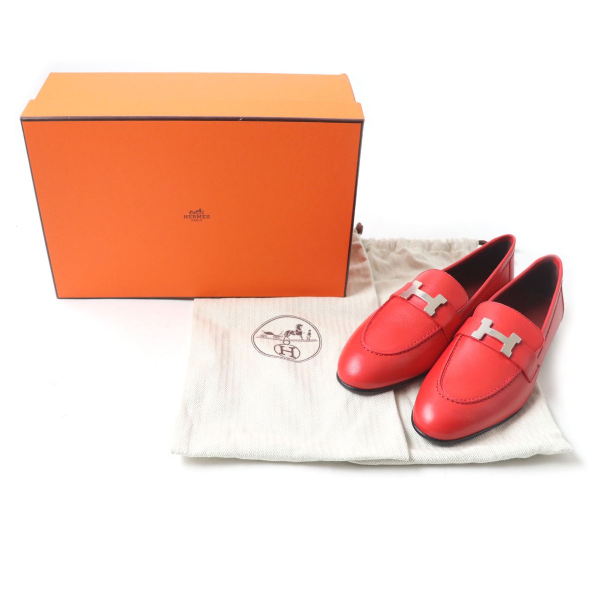 HERMES loafers Main: Leather Red x Silver Metal Women 38 Used