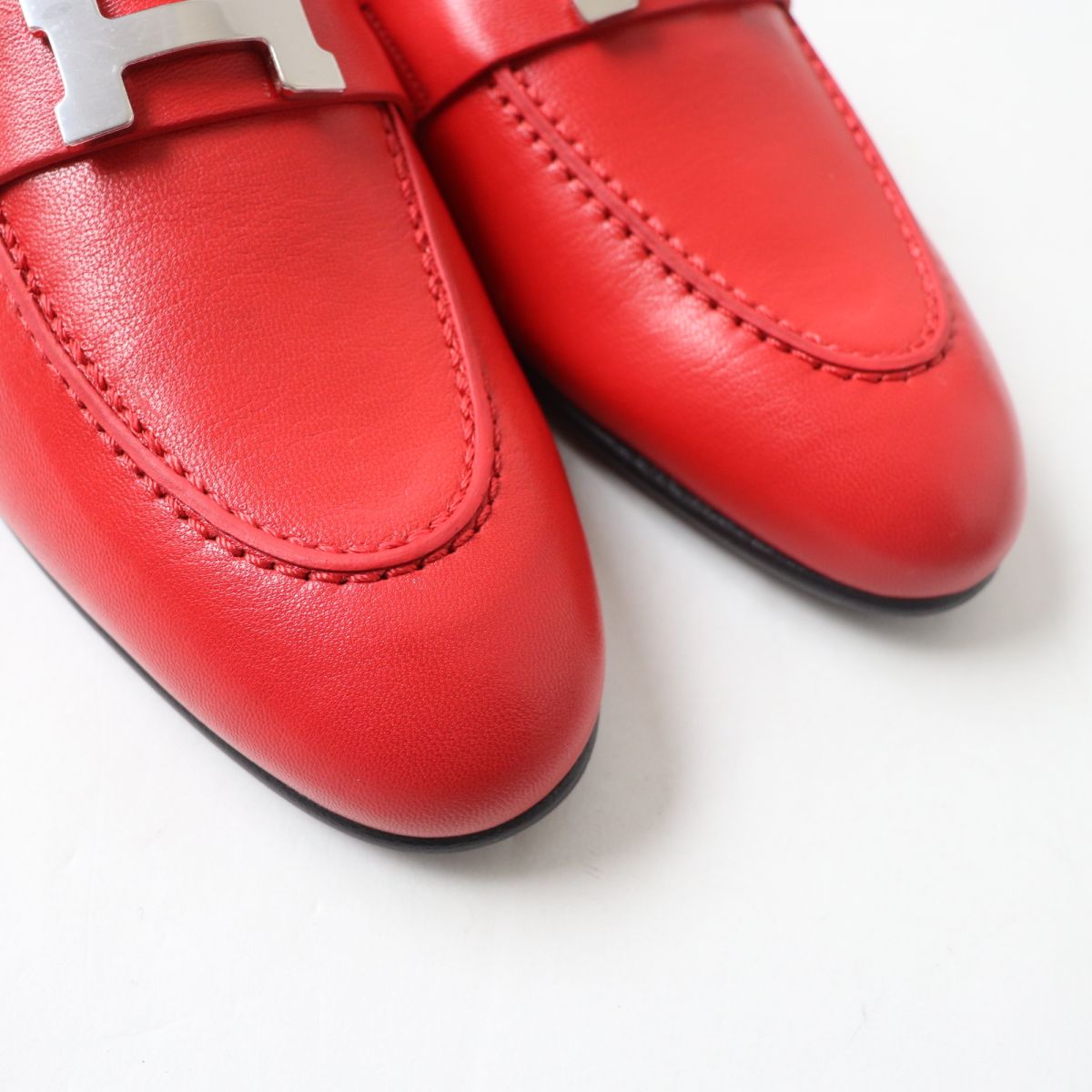 HERMES loafers Main: Leather Red x Silver Metal Women 38 Used