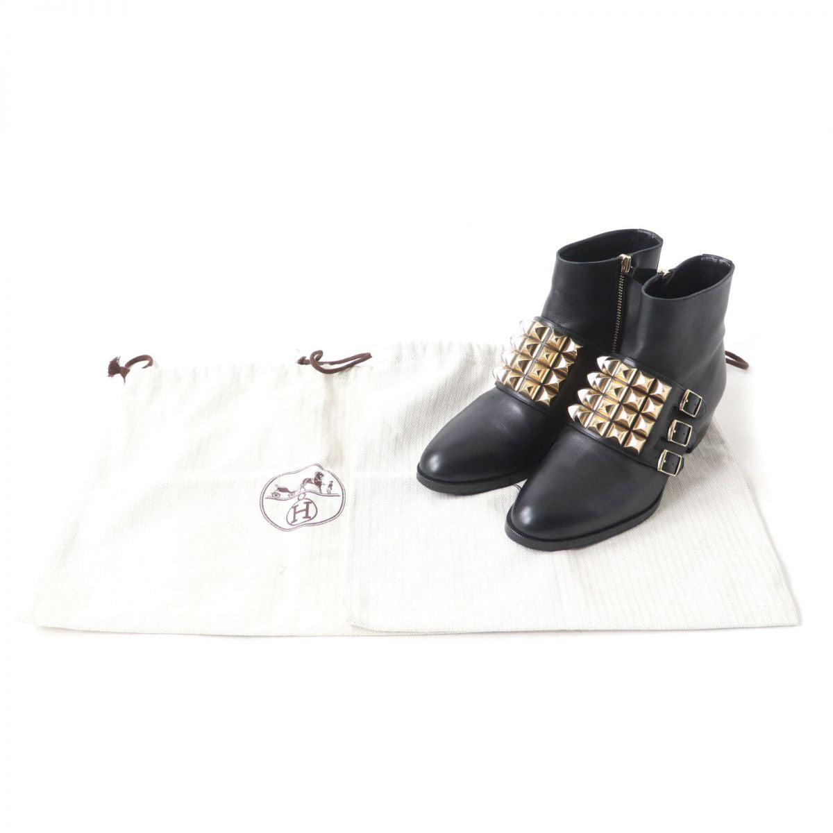 HERMES boots Main: Leather Black x Gold Metal Women 35.5 Used