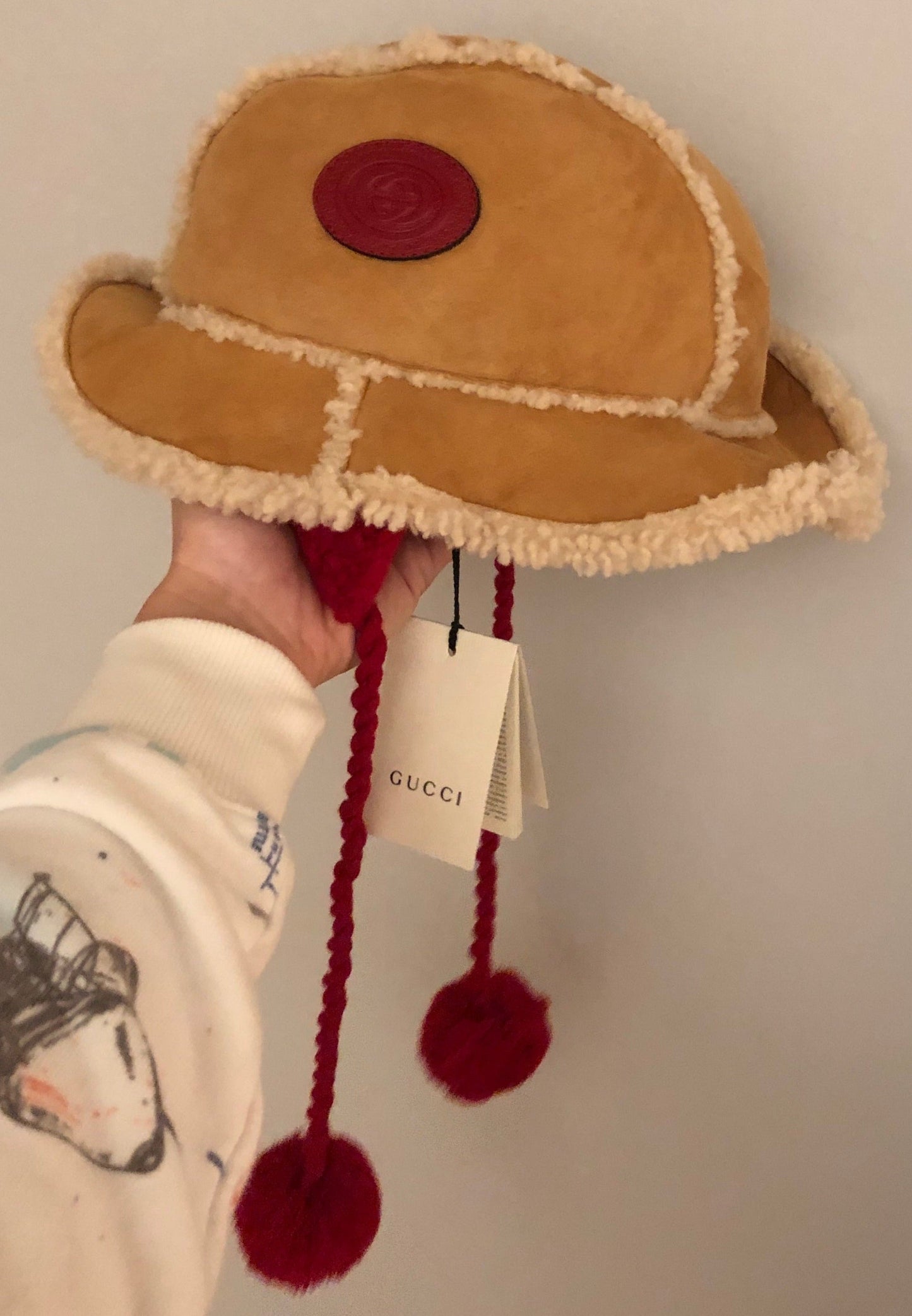 Gucci Shearling Cap with Wool Ear Covers and Pom Pom Tie