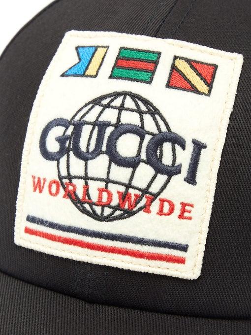 Gucci Worldwide Patch Canvas Baseball Cap in Black