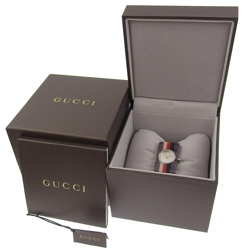 GUCCI Watches Quartz 143.5 Stainless Steel, Plastic White / red / navy Bangle watch Vintage web Silver shell dial Women Used