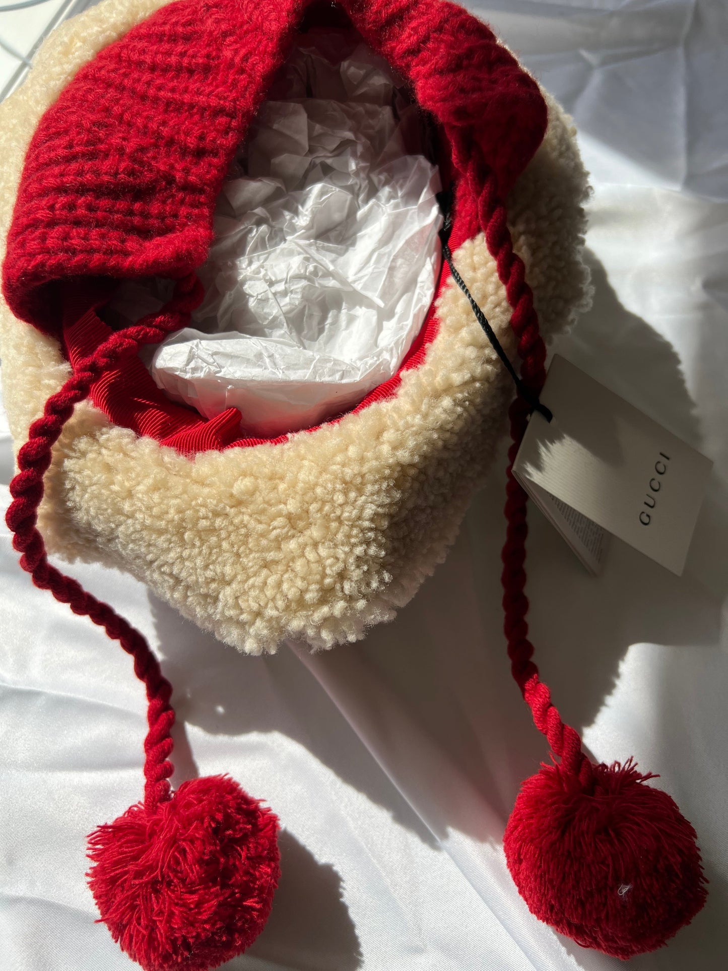 Gucci Shearling Cap with Wool Ear Covers and Pom Pom Tie