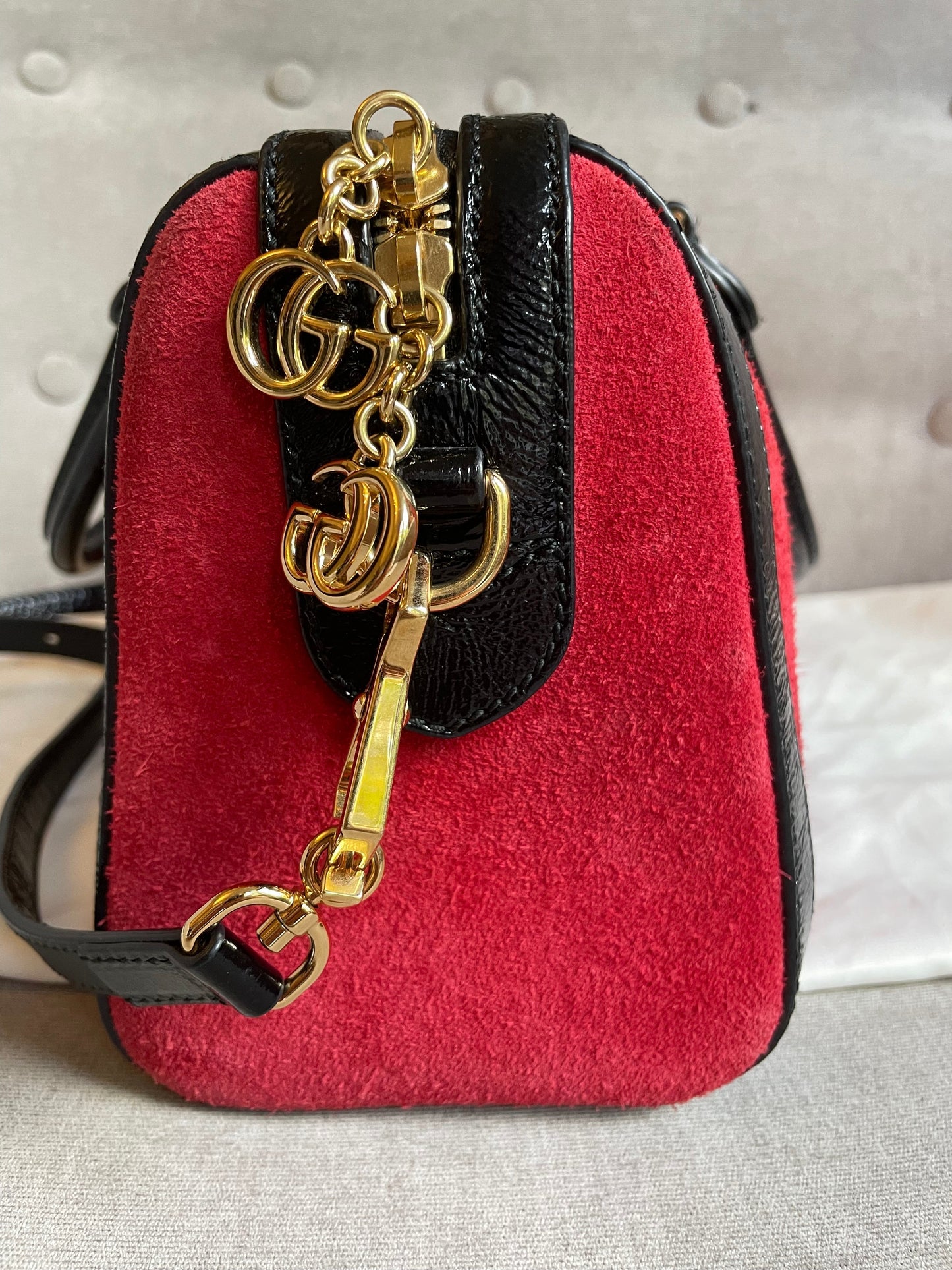 Gucci Red Suede and Blue Leather Ophidia Boston Bag