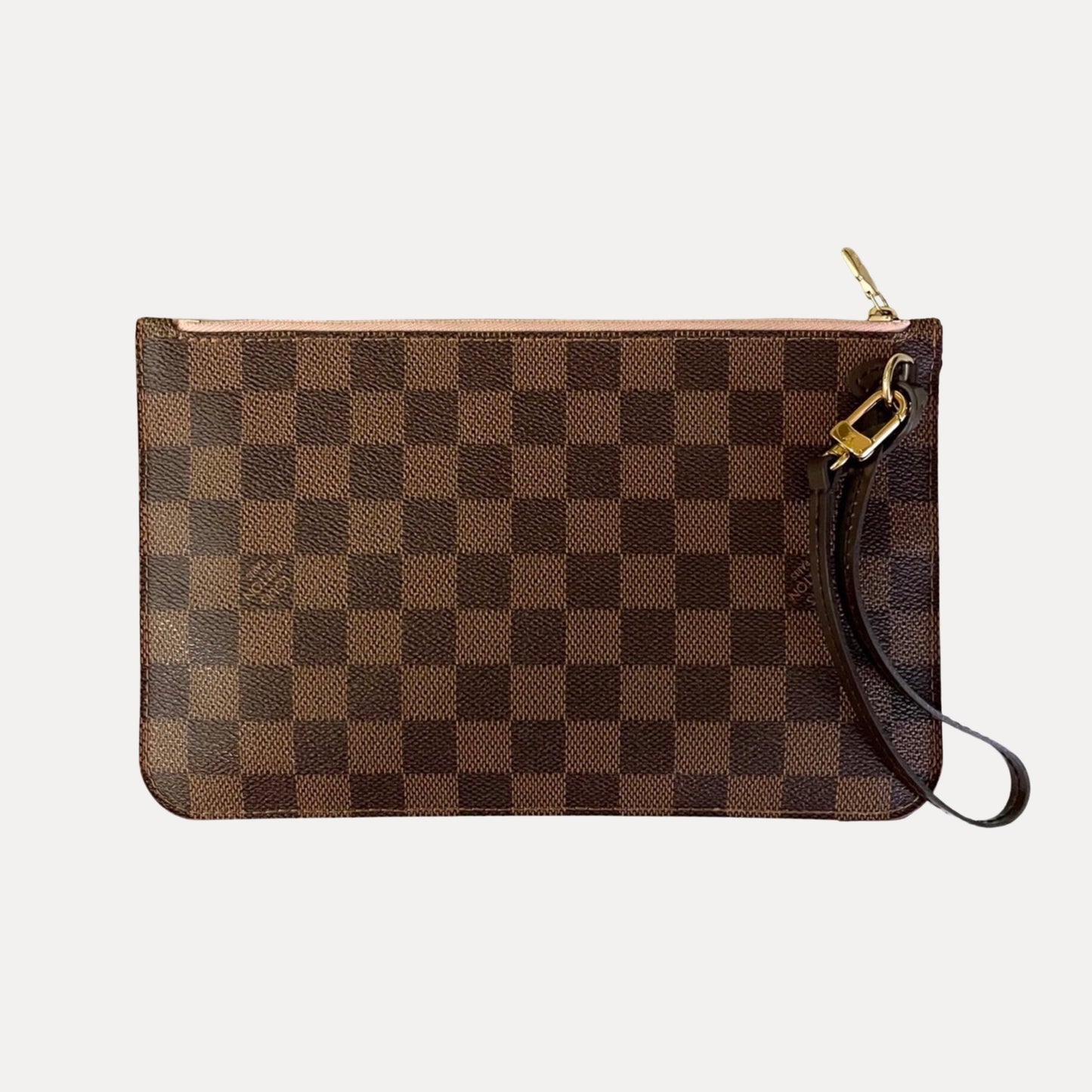 LOUIS VUITTON Damier Ebene Neverfull MM Pochette Wristlet Pouch In Rose Ballerine