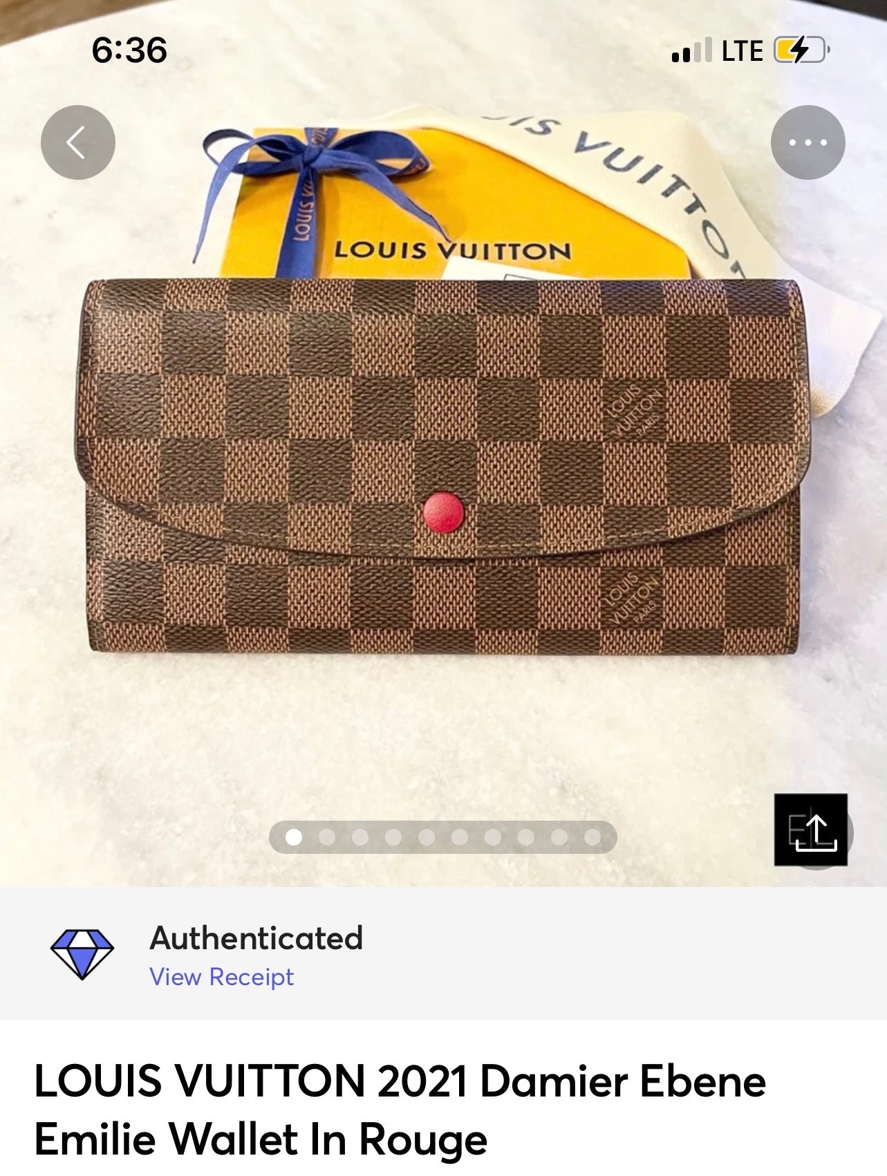 LOUIS VUITTON 2021 Damier Ebene Emilie Wallet In Rouge