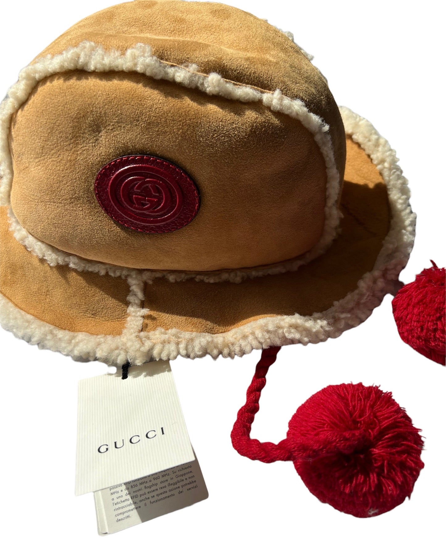 Gucci Shearling Cap with Wool Ear Covers and Pom Pom Tie