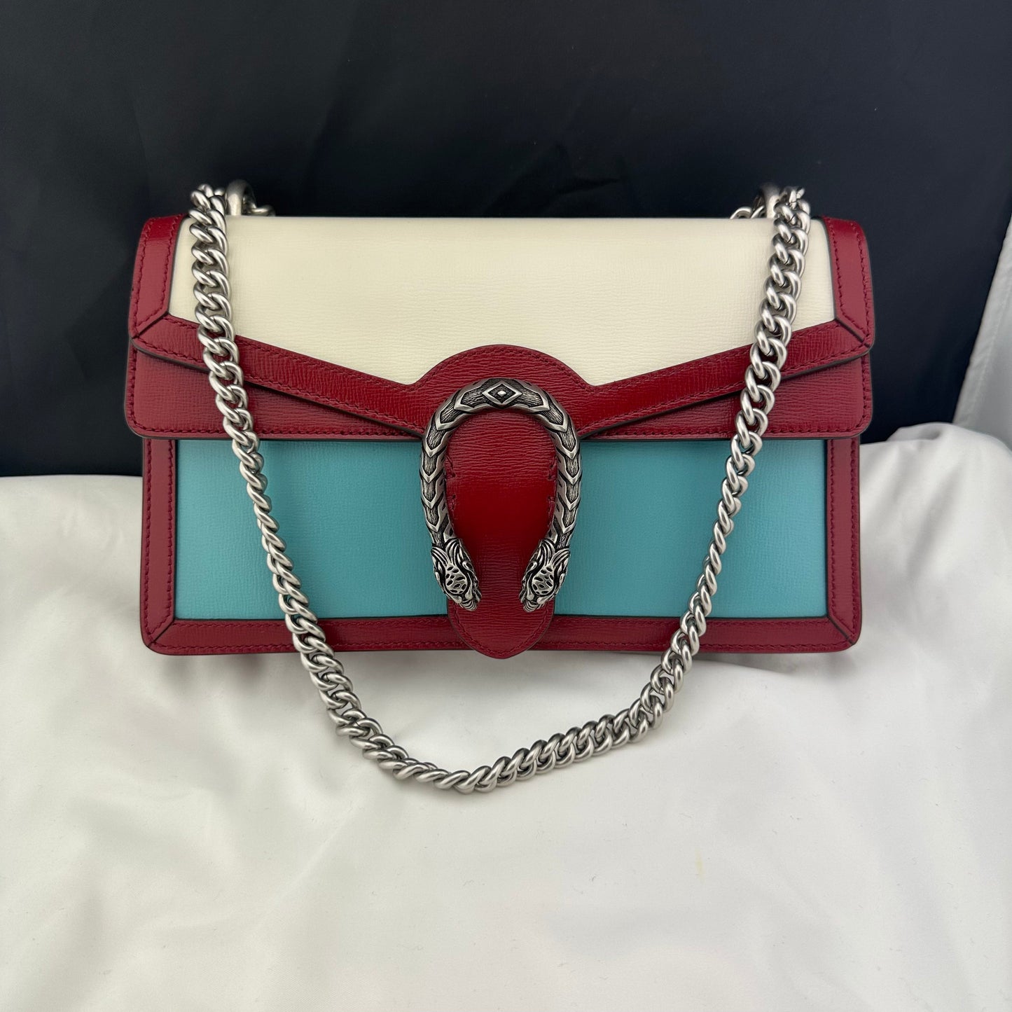 Gucci Small Dionysus Shoulder Bag in Ivory and Blue with Red Trim
