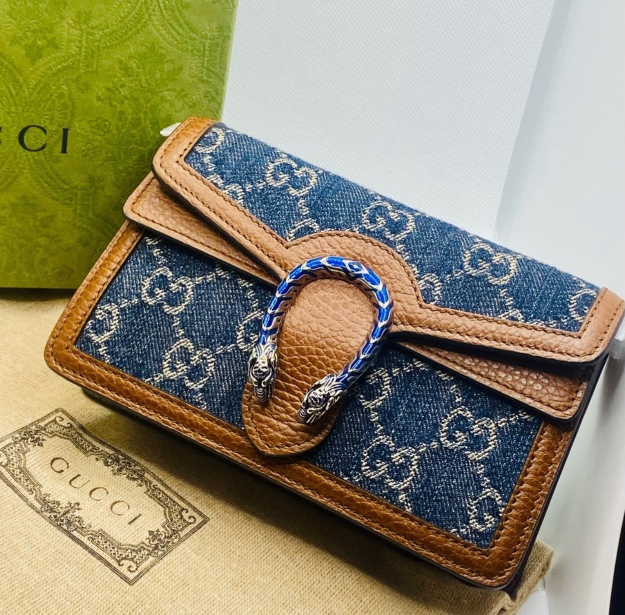 Gucci Super Mini Dionysus Shoulder Bag in GG Blue Denim