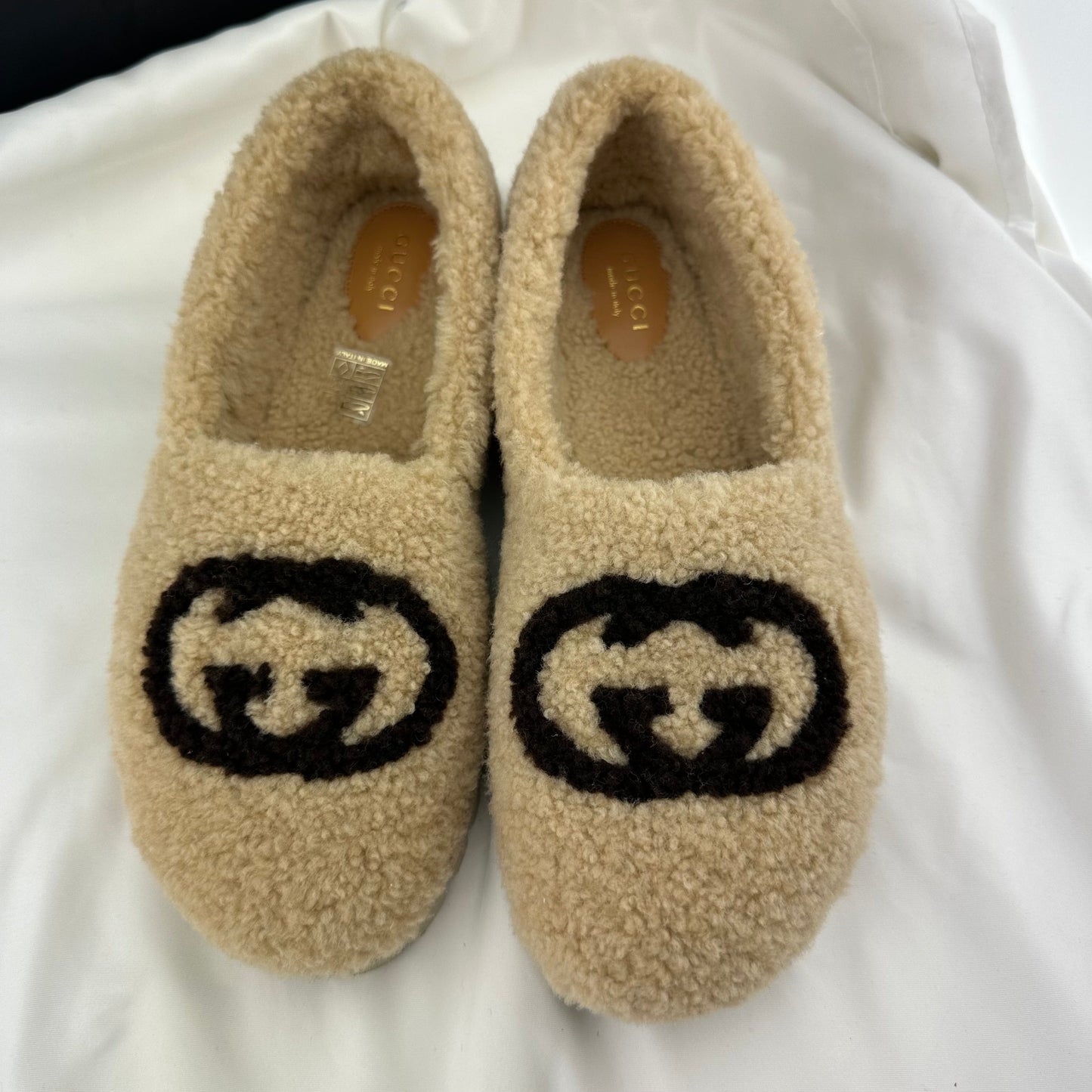 Gucci Interlocking GG Shearling Trim Loafers in Cream