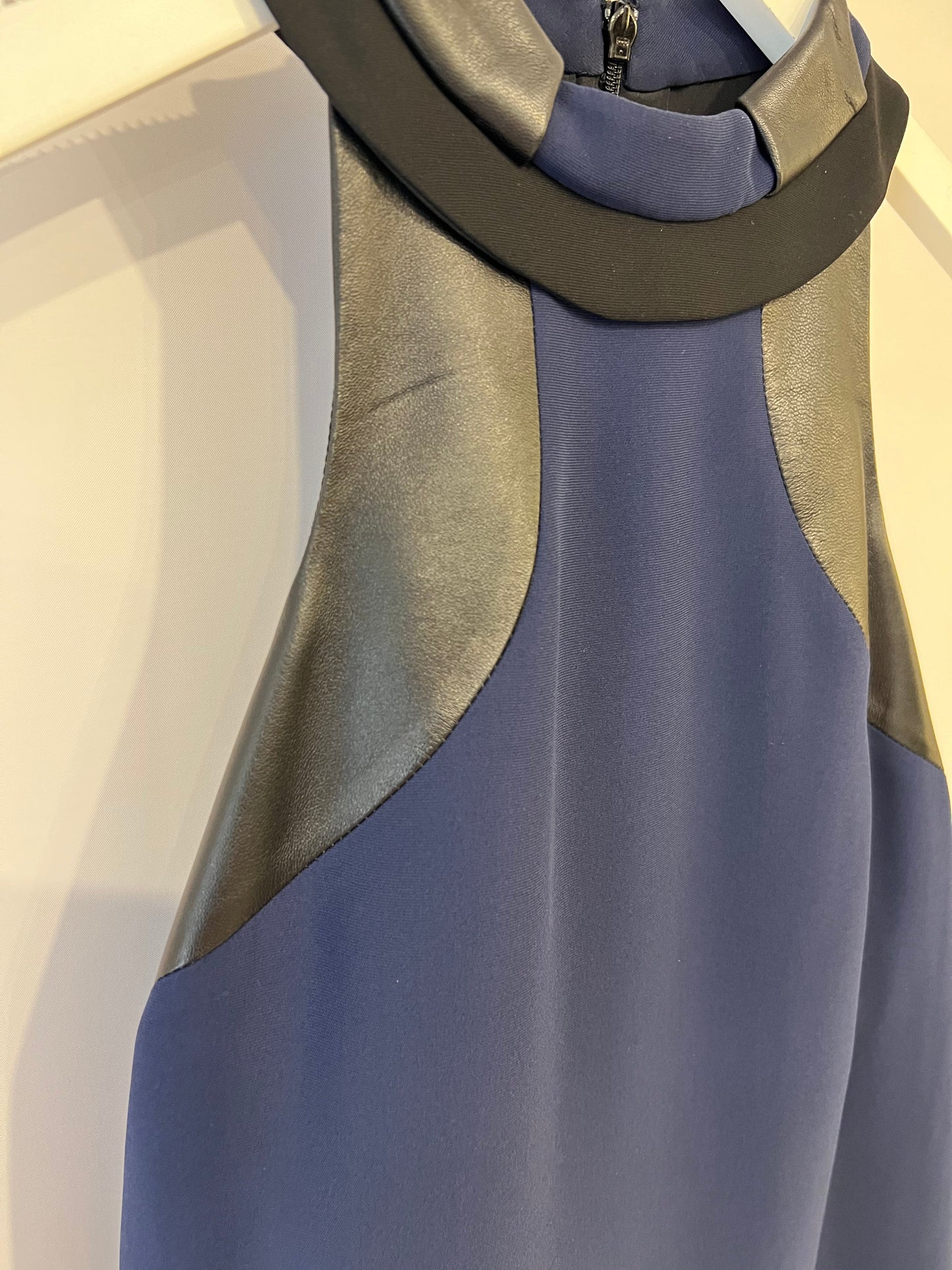Gucci Navy Silk Sleeveless Dress with Black Leather Details Size IT 38 (UK 6)