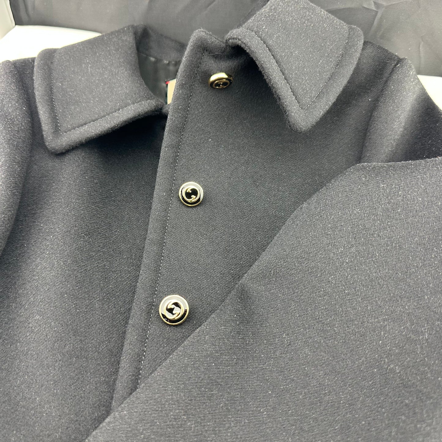 Gucci Black Wool Coat with Interlocking GG Buttons