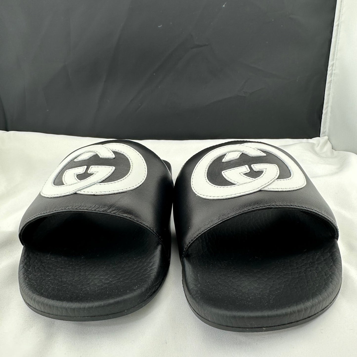 Gucci Men's Black Slides with White Interlocking GG