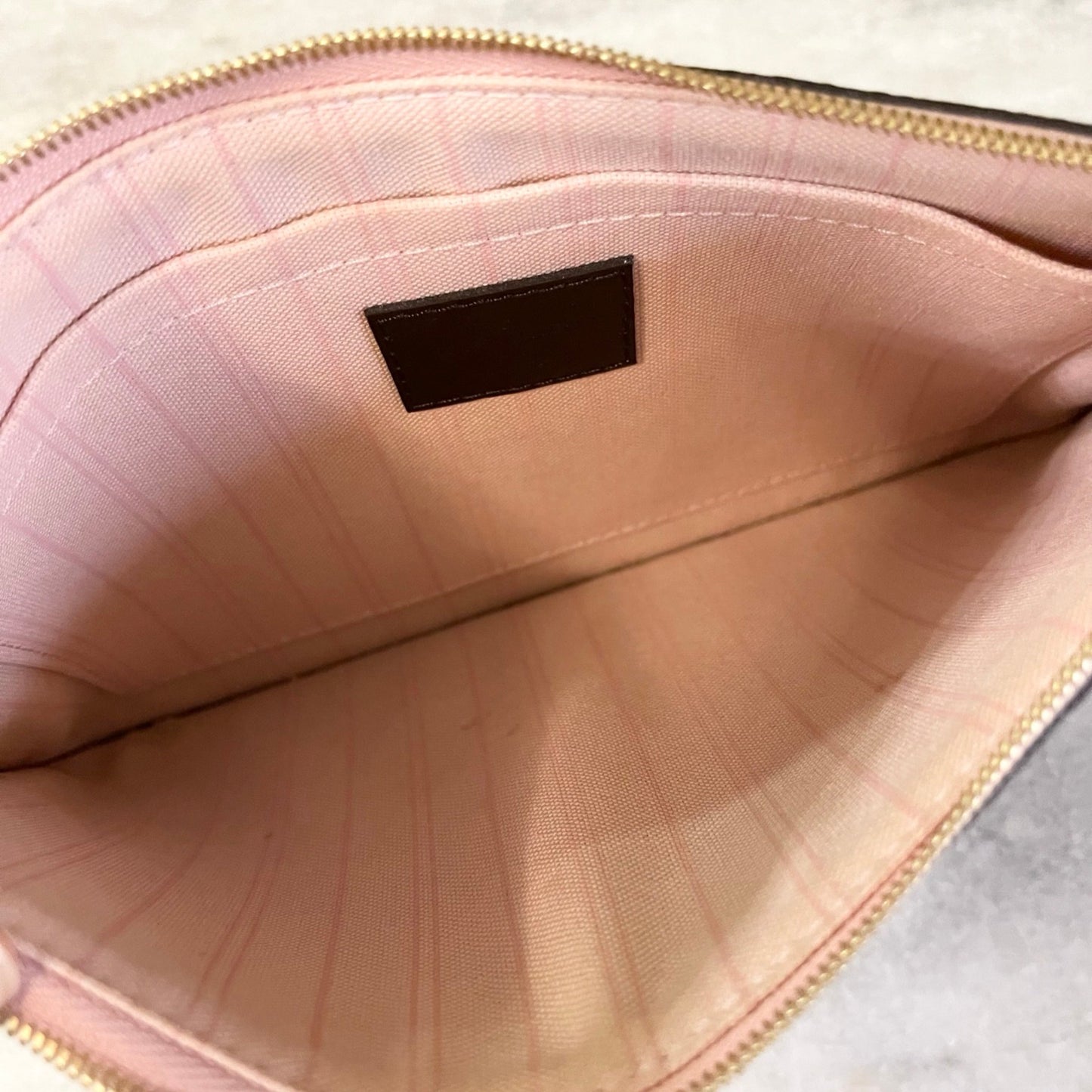 LOUIS VUITTON Damier Ebene Neverfull MM Pochette Wristlet Pouch In Rose Ballerine
