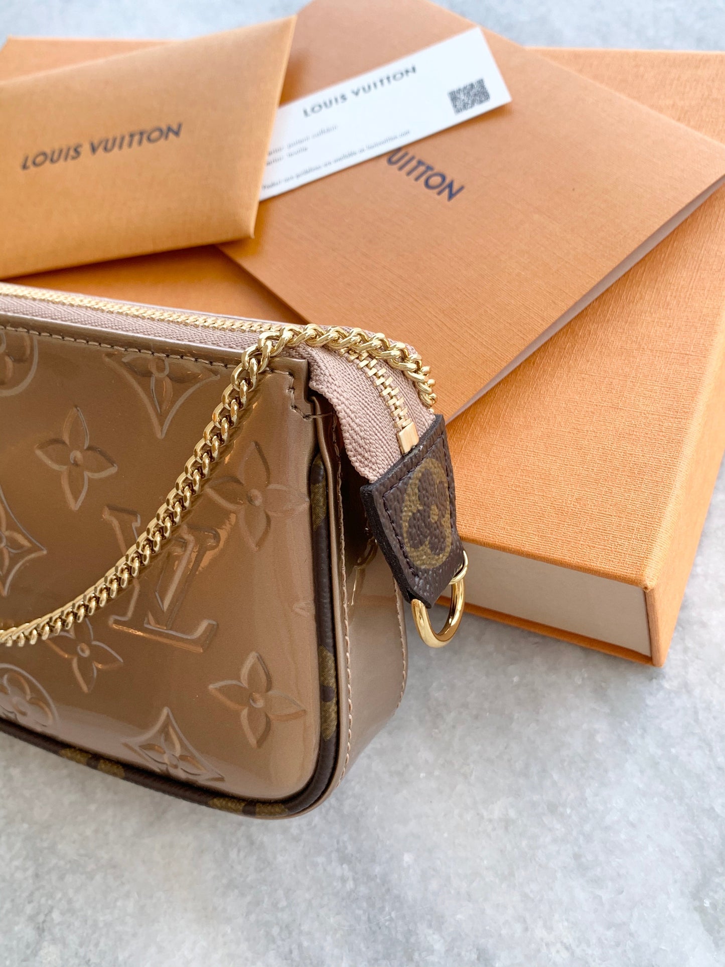Louis Vuitton 2022 Mini Pochette Accessories Monogram Vernis Leather Chain Bag