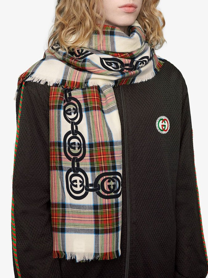 Gucci Interlocking GG Chain Tartan Scarf in White