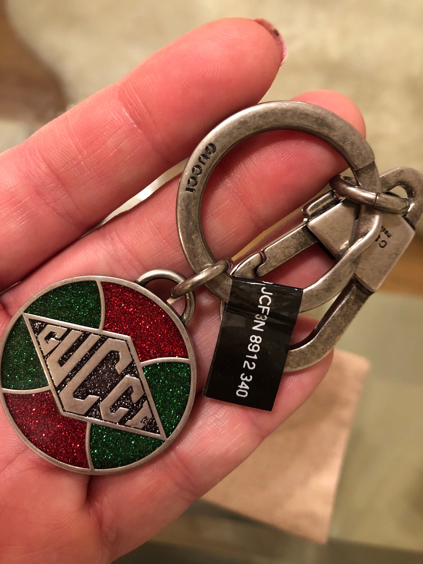 Gucci Green and Red Sparkle Keychain in Silver