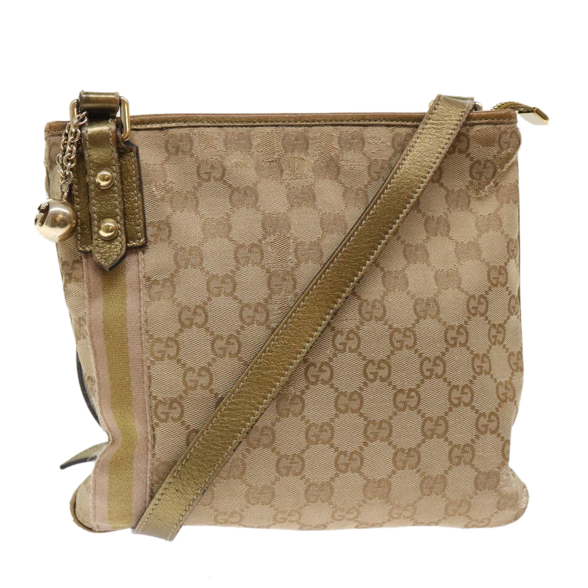 Gucci GG Canvas Sherry Line Shoulder Bag Beige Gold pink 144388  ki3251