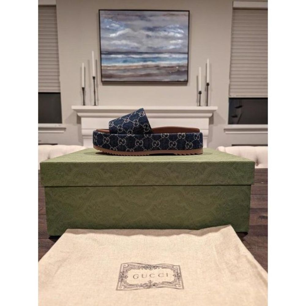 Gucci Women Blue Angelina Logo-Jacquard Organic Denim Platform Sandals