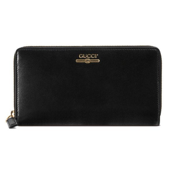 Gucci Zip Around Leather Wallet with Metallic Logo in Black