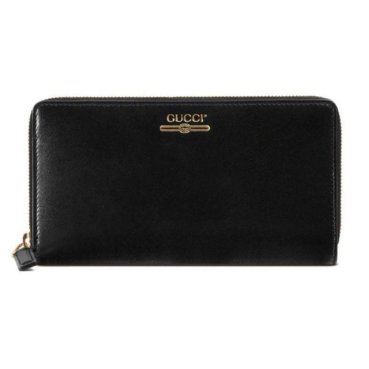 Gucci Zip Around Leather Wallet with Metallic Logo in Black