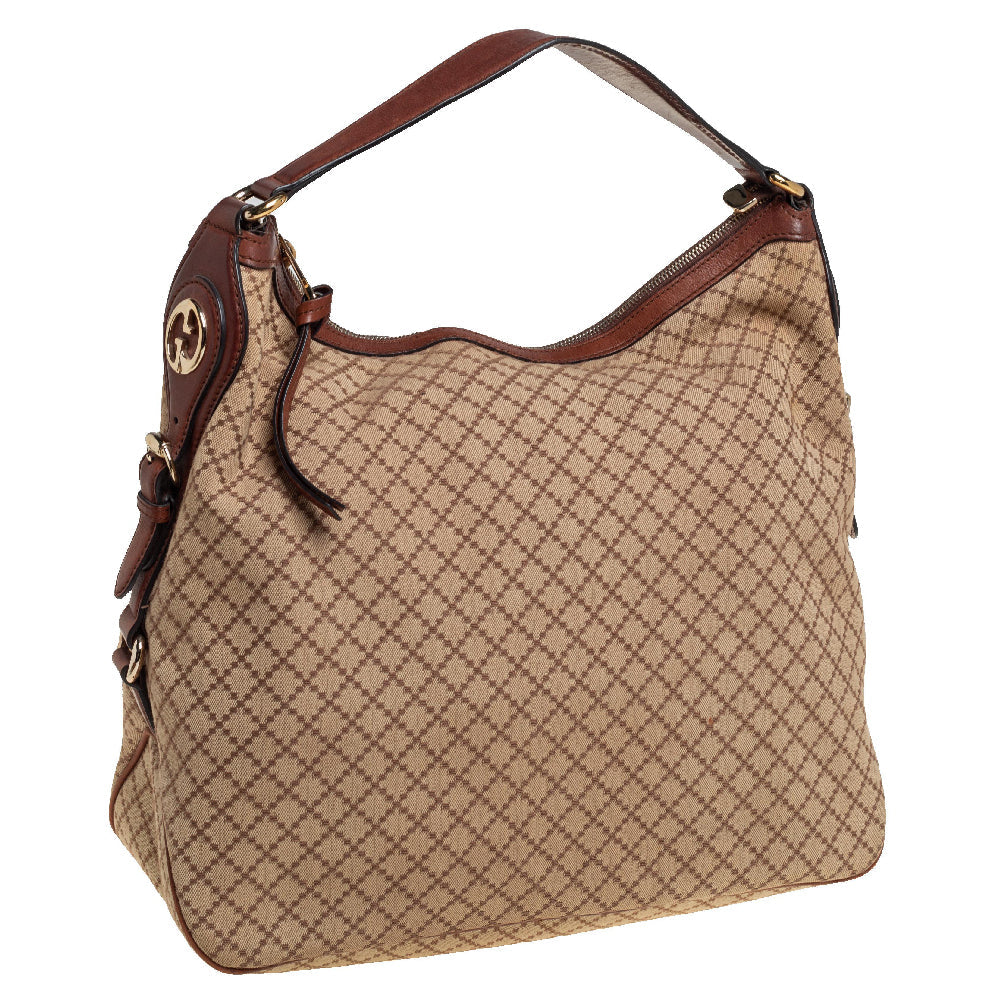 Gucci Beige/Brown Diamante Canvas and Leather Village Double G Hobo