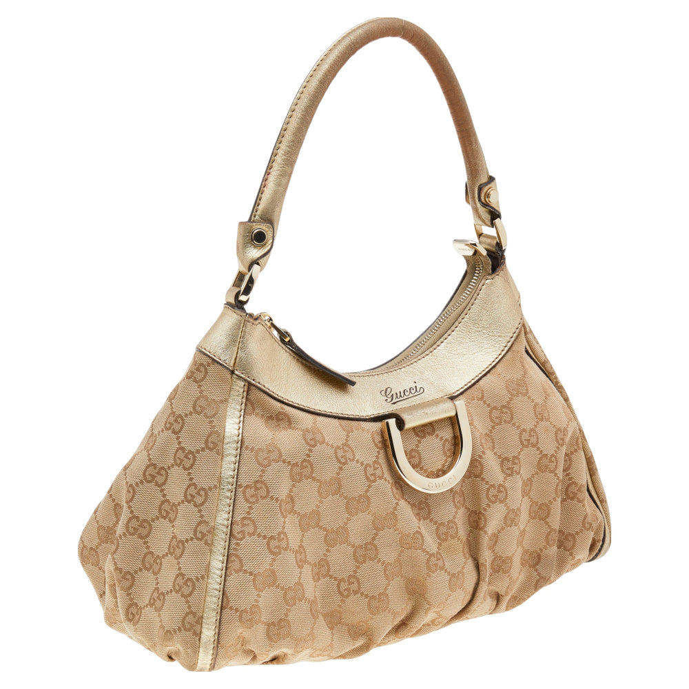 Gucci Beige/Gold GG Canvas And Leather D Ring Hobo