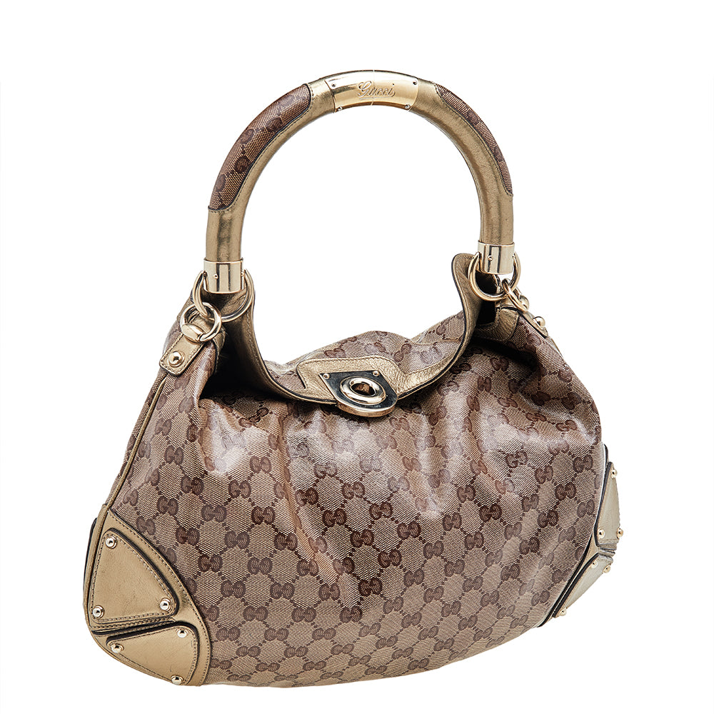 Gucci Beige/Gold GG Crystal Canvas and Leather Medium Babouska Indy Hobo