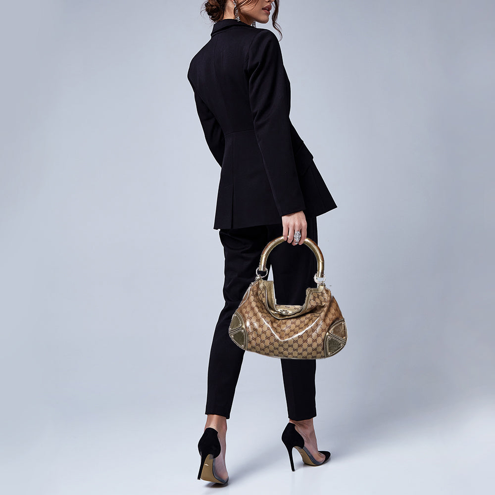 Gucci Beige/Gold GG Crystal Canvas and Leather Medium Babouska Indy Hobo