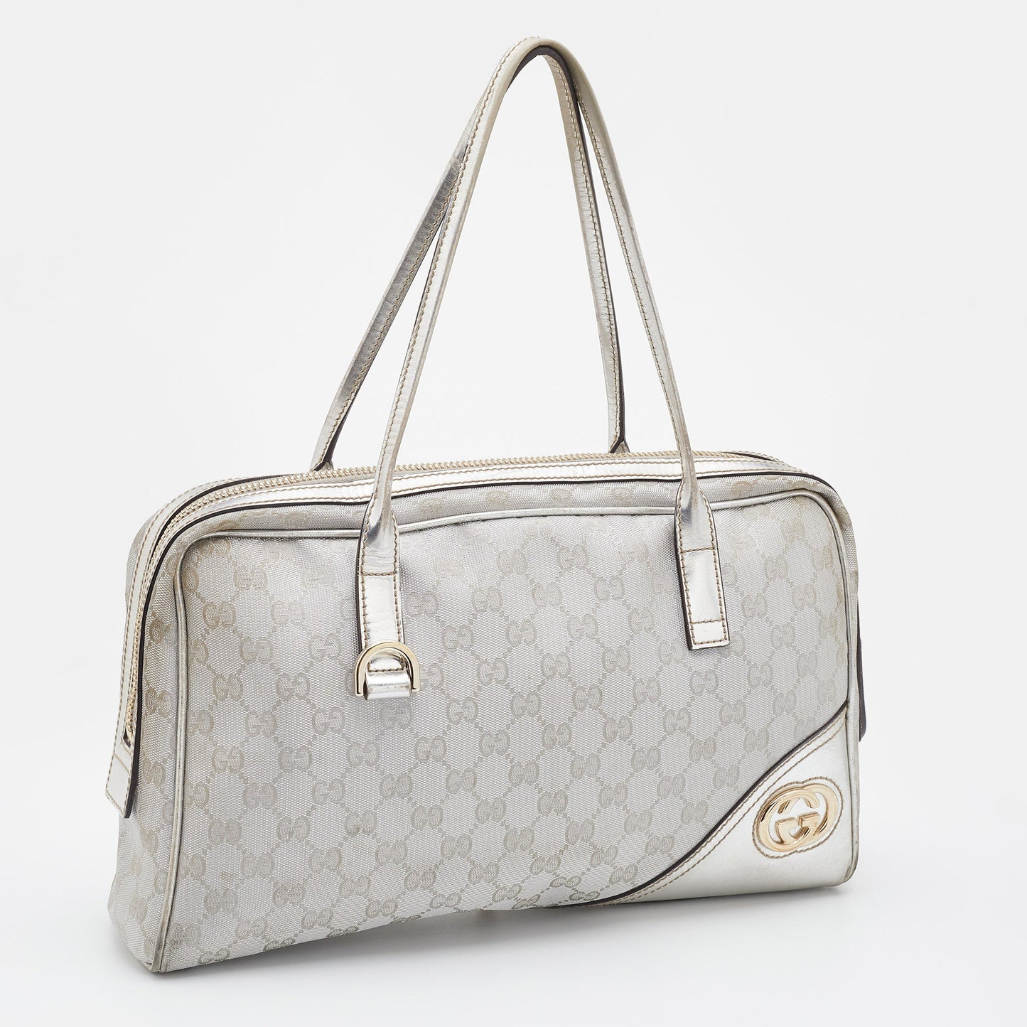 Gucci Silver GG Canvas and Leather New Britt Boston Bag