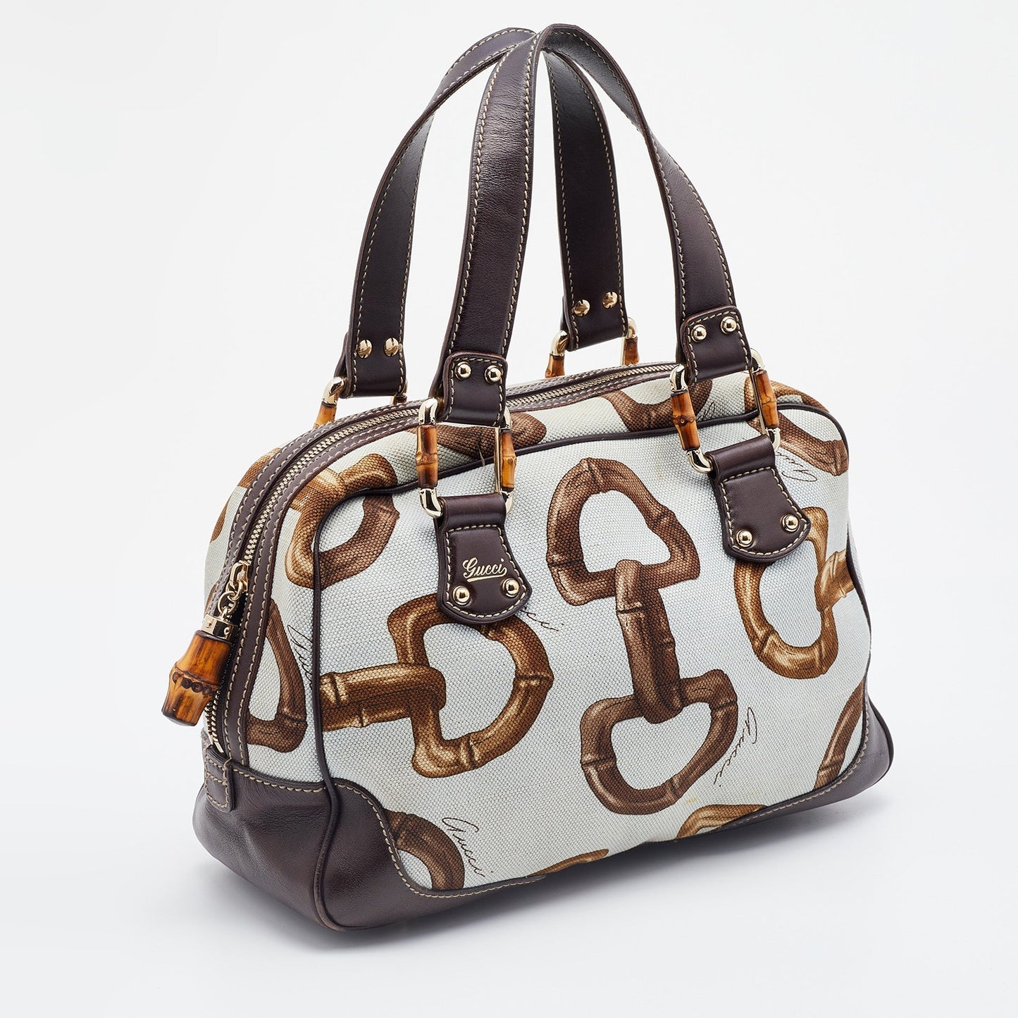 Gucci Multicolor Horsebit Print Canvas and Leather Bamboo Boston Bag