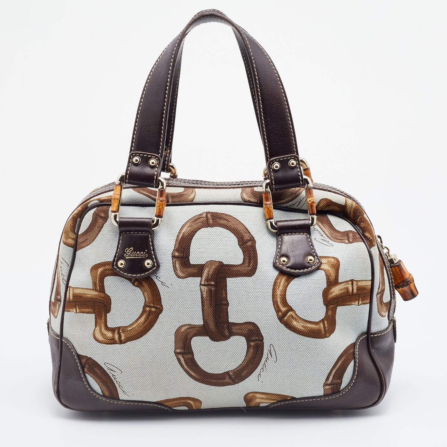 Gucci Multicolor Horsebit Print Canvas and Leather Bamboo Boston Bag
