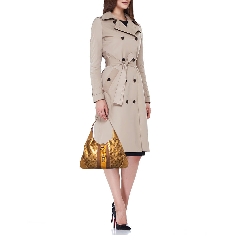 Gucci Gold Guccissima Leather Web Jackie O Bouvier Medium Hobo