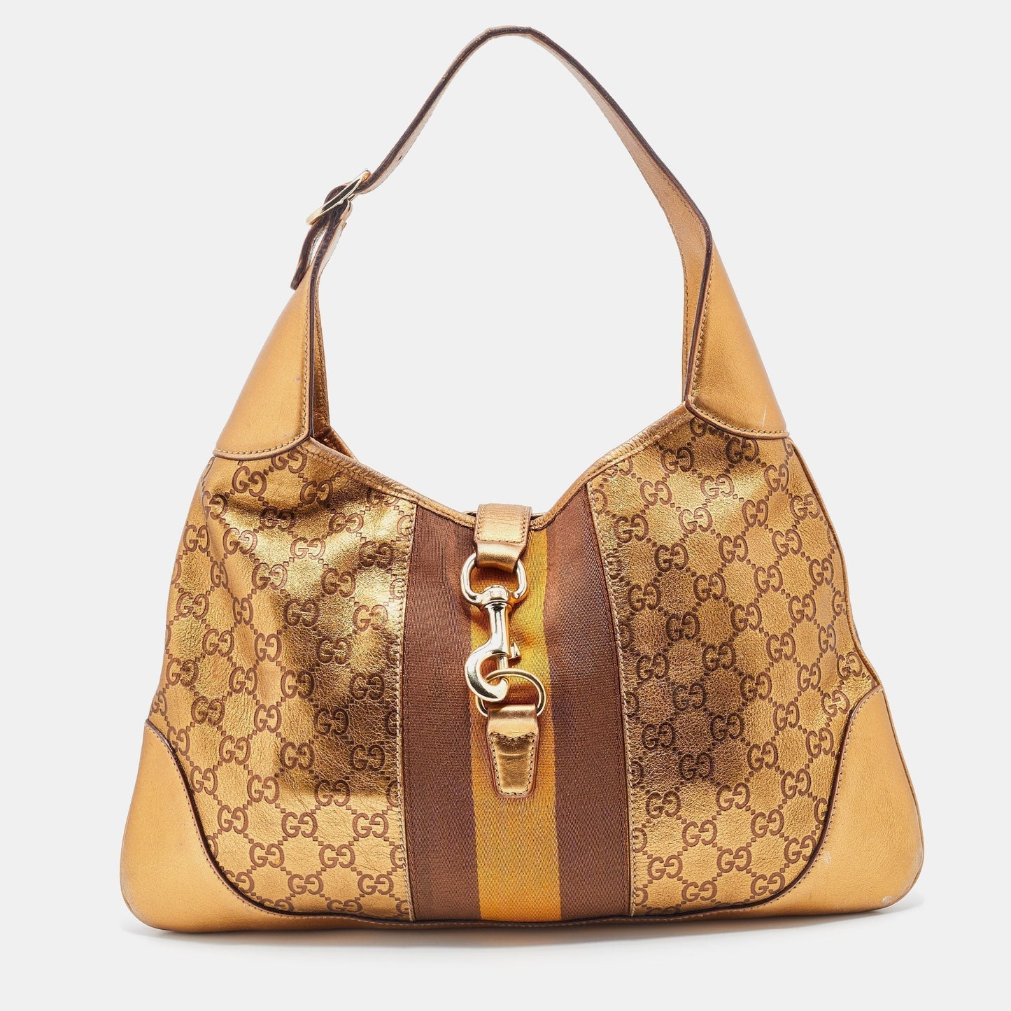 Gucci Gold Guccissima Leather Web Jackie O Bouvier Medium Hobo