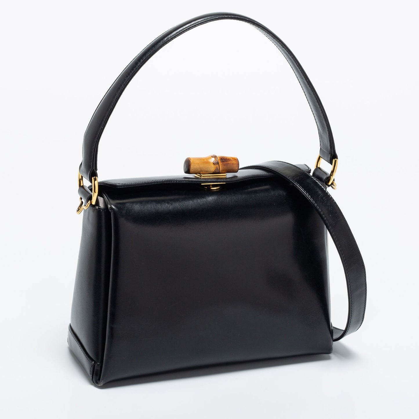Gucci Black Leather Bamboo Top Handle Bag