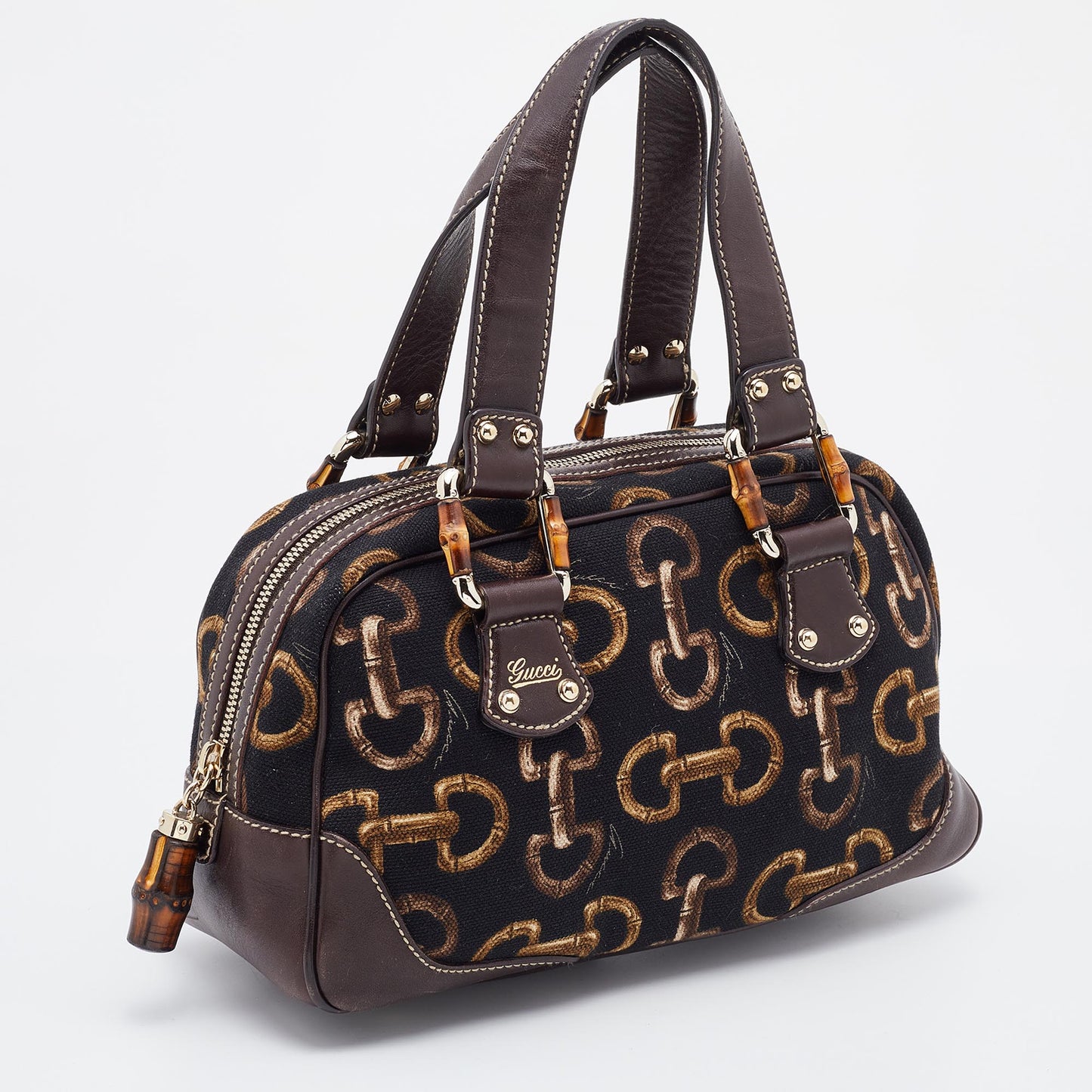 Gucci Brown/Black Horsebit Printed Canvas Bamboo Satchel
