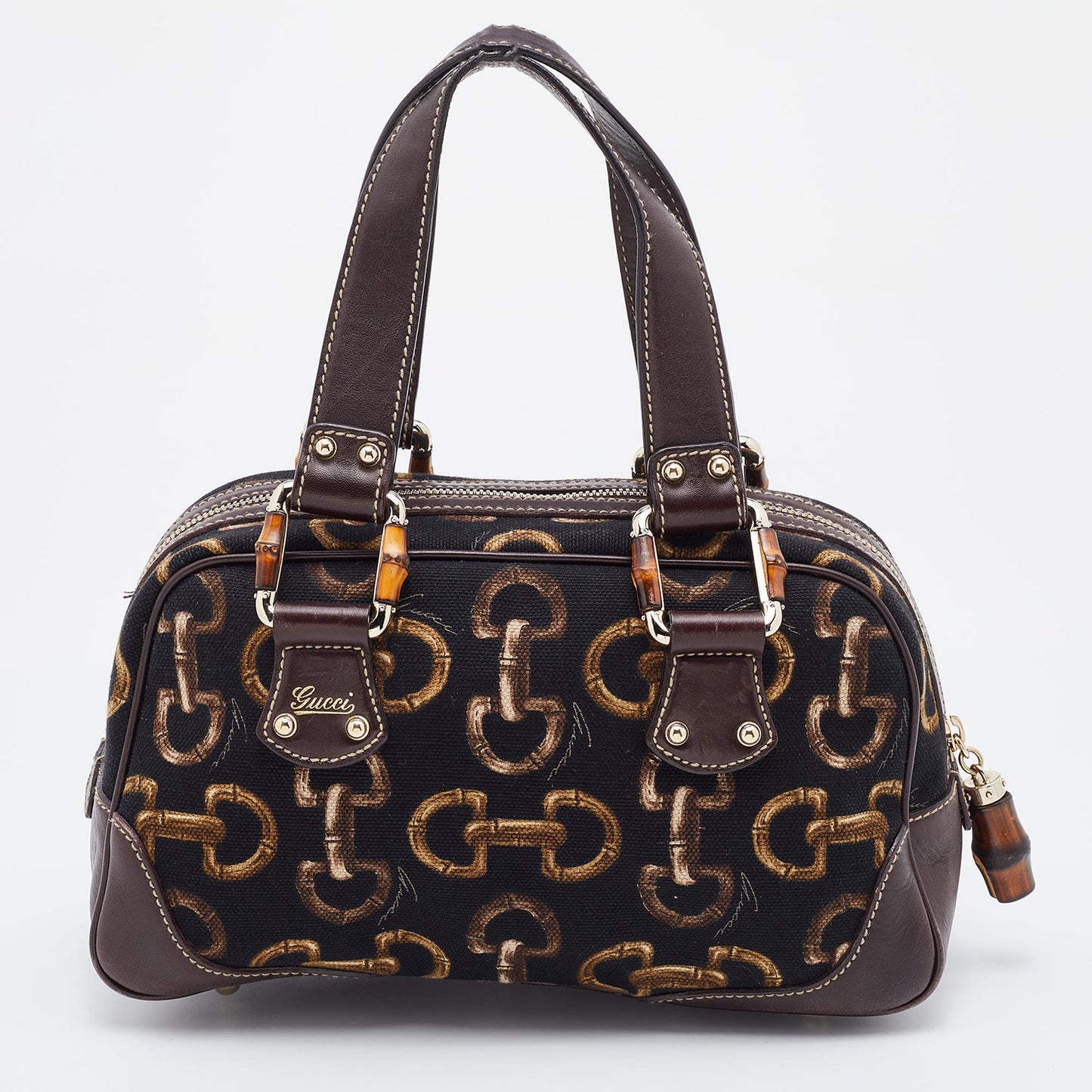 Gucci Brown/Black Horsebit Printed Canvas Bamboo Satchel