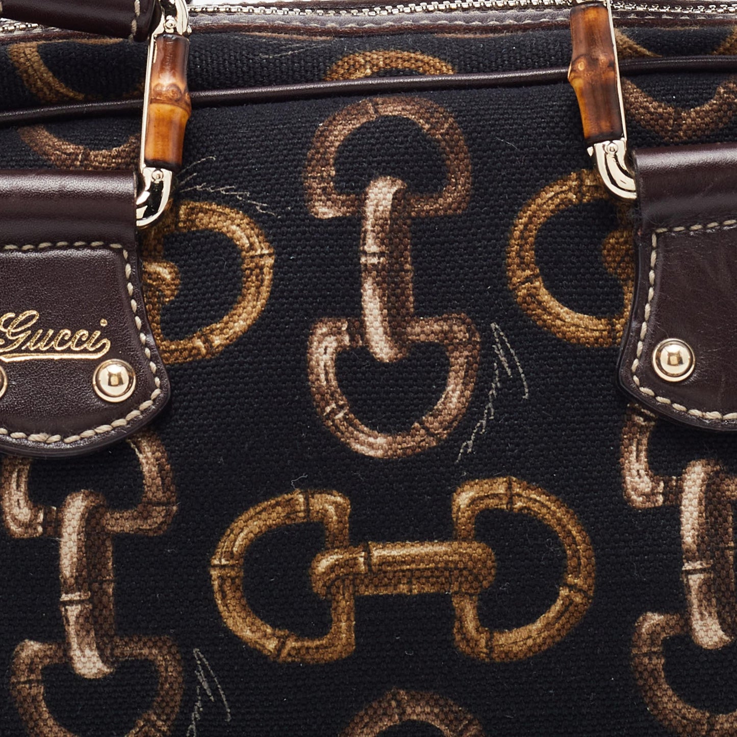 Gucci Brown/Black Horsebit Printed Canvas Bamboo Satchel
