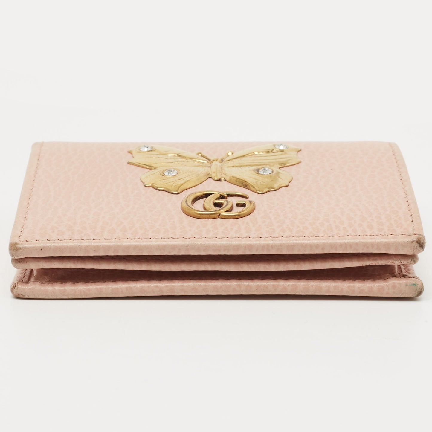 Gucci Light Pink Leather Butterfly Embellished Flap Card Case