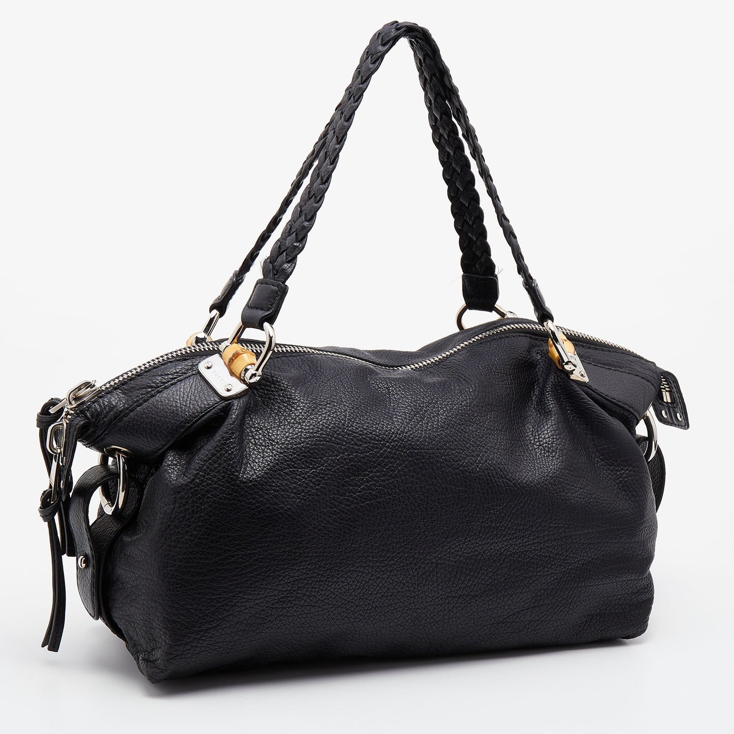 Gucci Black Leather Braided Handle Satchel